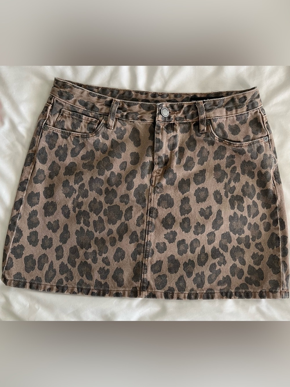 Blank NYC Brown Leopard Print Denim Mini Skirt
